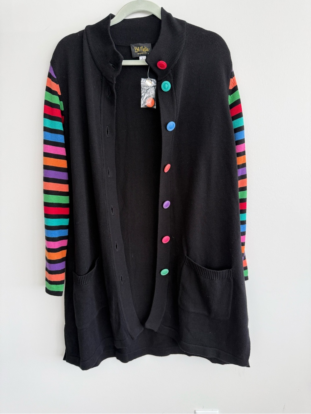 VINTAGE Bob Mackie Wearable Art Black Long Cardigan with Multicolor Sleeves NWT